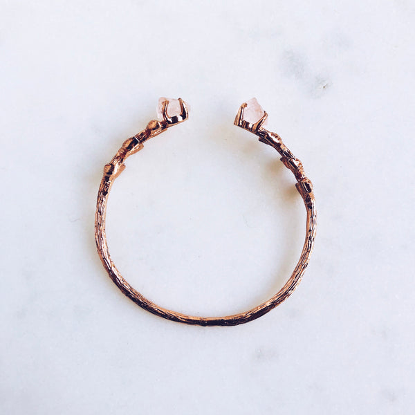 Raw Rose Quartz Leaves Bangle in Rose Gold - Crystal Of A Kind