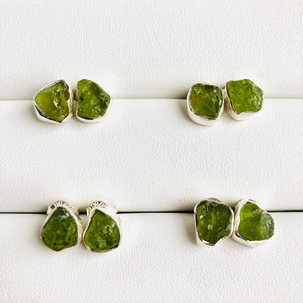 Raw Peridot Stud Earrings in 925 Sterling Silver - Crystal Of A Kind