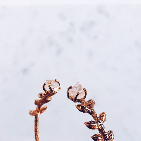 Raw Rose Quartz Leaves Bangle in Rose Gold - Crystal Of A Kind