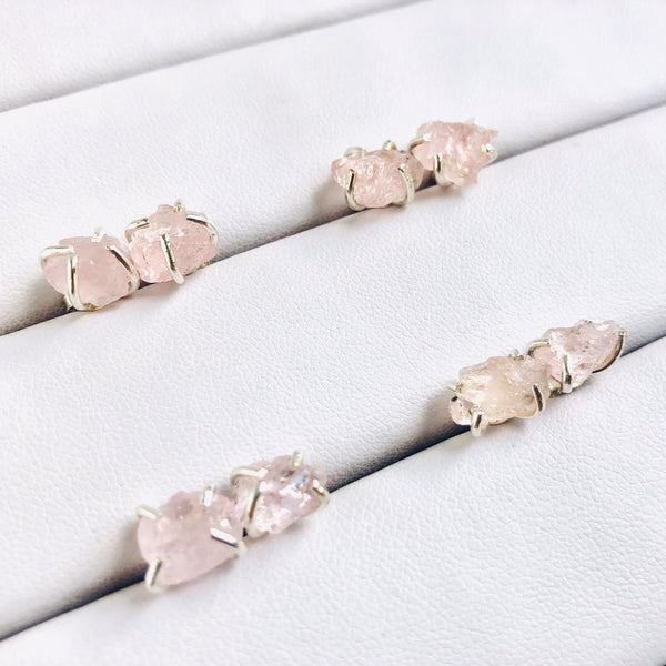 Raw Morganite Stud Earrings in 925 Sterling Silver - Crystal Of A Kind