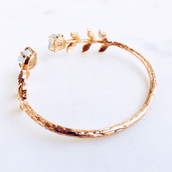 Raw Aquamarine Leaves Bangle in Rose Gold - Crystal Of A Kind
