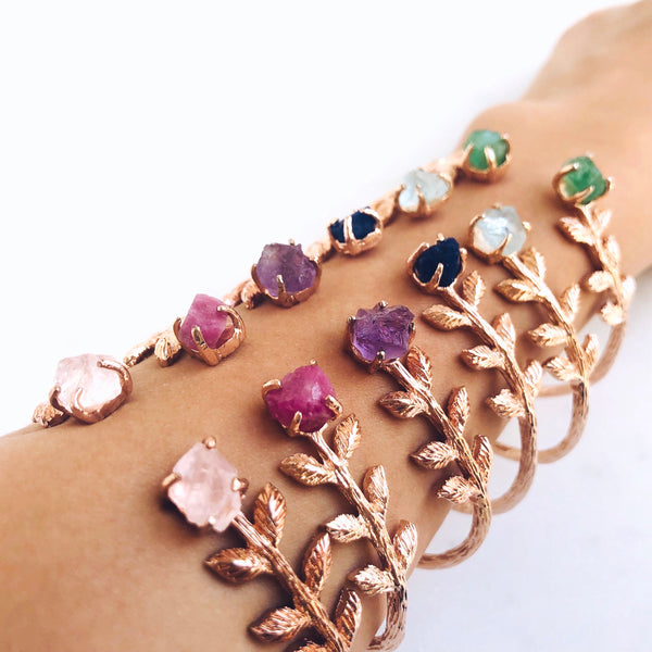 Raw Aquamarine Leaves Bangle in Rose Gold - Crystal Of A Kind