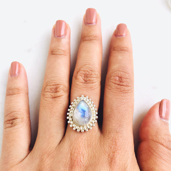 Moonstone Solaris Teardrop Ring in 925 Sterling Silver - Crystal Of A Kind