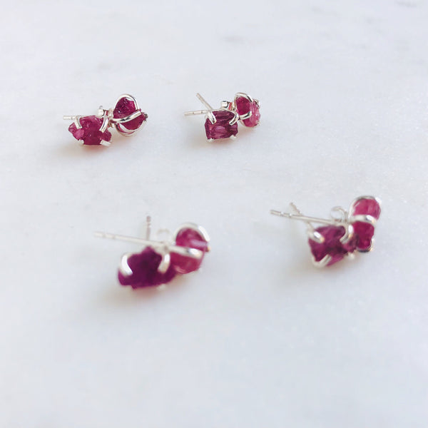 Raw Pink Tourmaline Stud Earrings in 925 Sterling Silver - Crystal Of A Kind