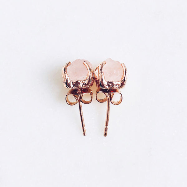 Raw Rose Quartz Stud Earrings in Rose Gold - Crystal Of A Kind