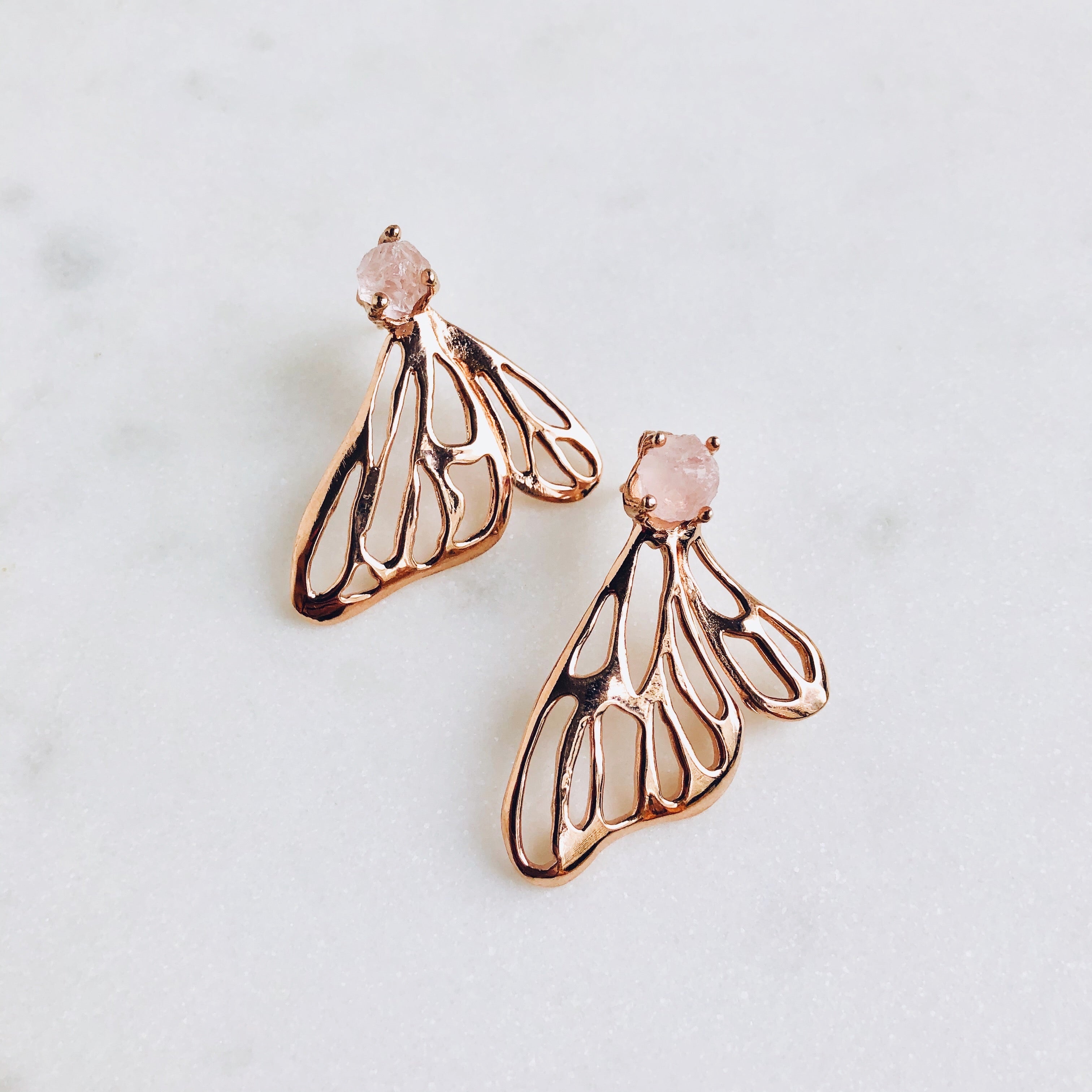 Raw Rose Quartz Butterfly Earrings in Rose Gold Pre order only