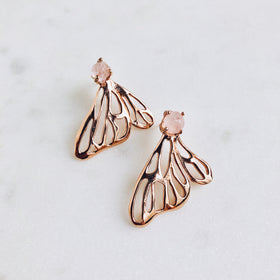 Raw Rose Quartz Butterfly Earrings in Rose Gold * Pre-order only* - Crystal Of A Kind