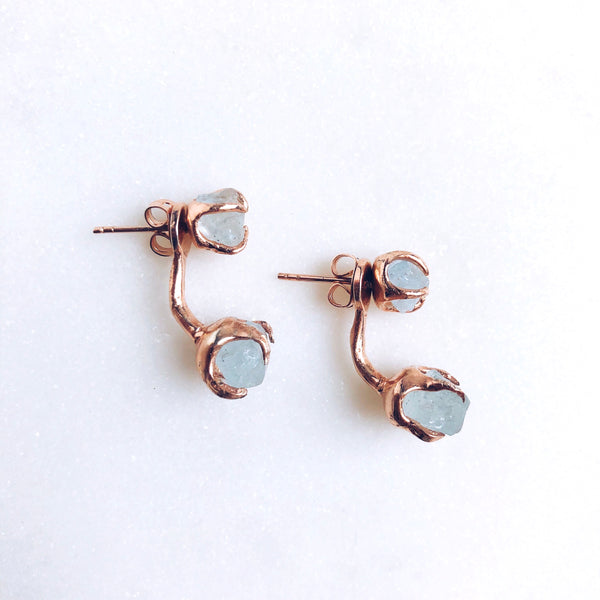 Raw Aquamarine Dual Stud Earrings in Rose Gold - Crystal Of A Kind