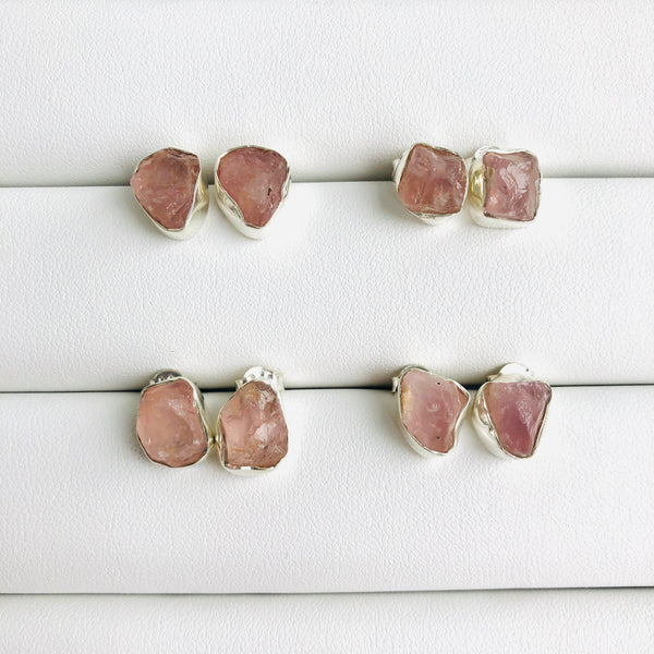 Raw Rose Quartz Stud Earrings in 925 Sterling Silver - Crystal Of A Kind