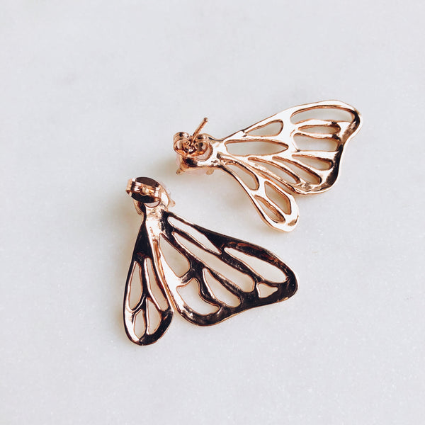 Raw Rose Quartz Butterfly Earrings in Rose Gold * Pre-order only* - Crystal Of A Kind