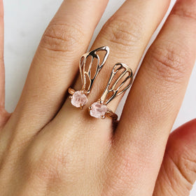 Raw Rose Quartz Butterfly Ring in Rose Gold - Crystal Of A Kind