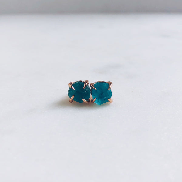 Raw Apatite Stud Earrings in Rose Gold - Crystal Of A Kind