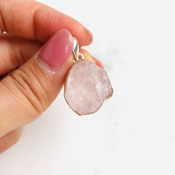 Raw Rose Quartz Pendant in 925 Sterling Silver - Crystal Of A Kind