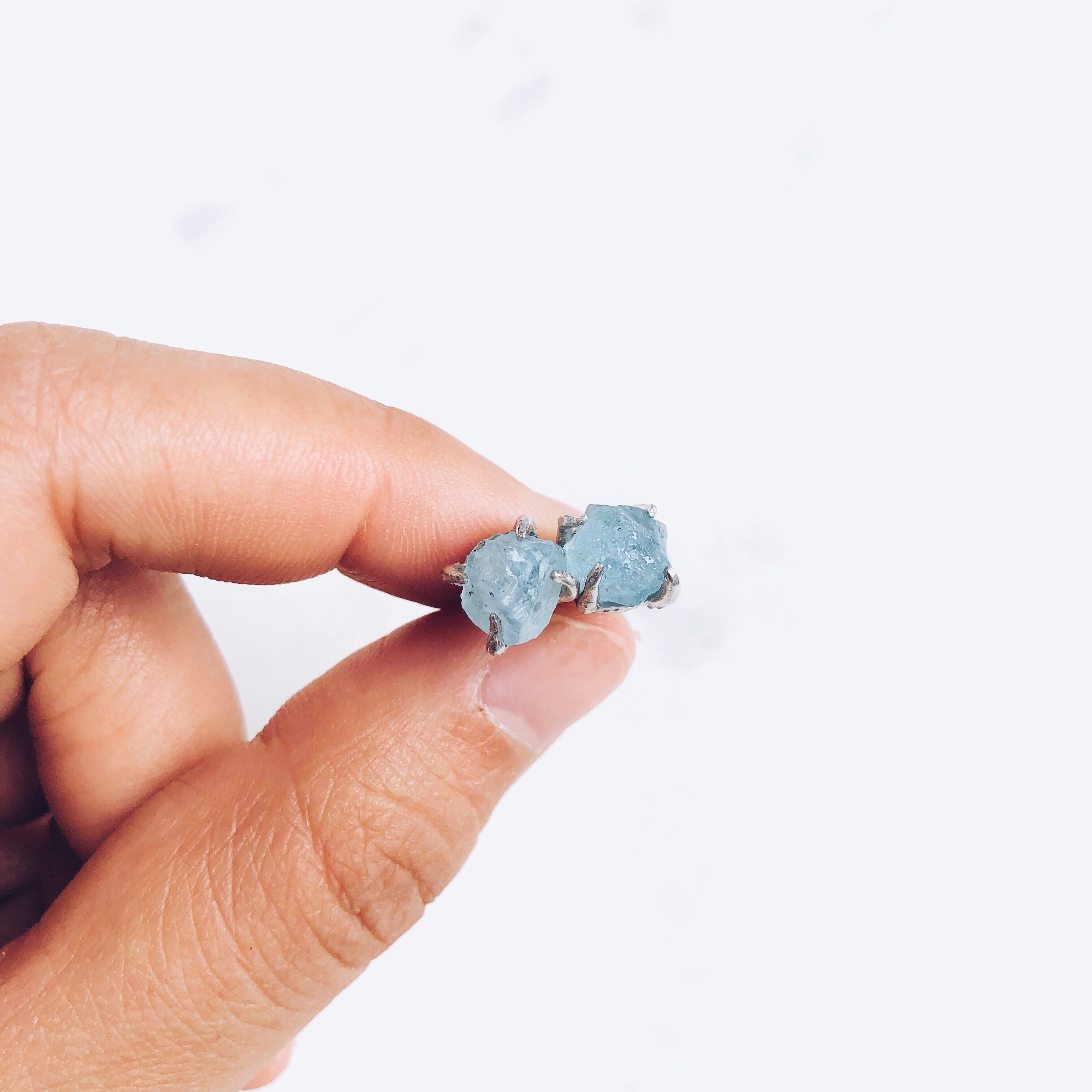 Raw Aquamarine Stud Earrings in Silver Crystal Of A Kind