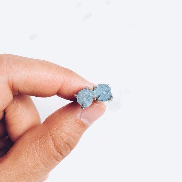 Raw Aquamarine Stud Earrings in Silver - Crystal Of A Kind