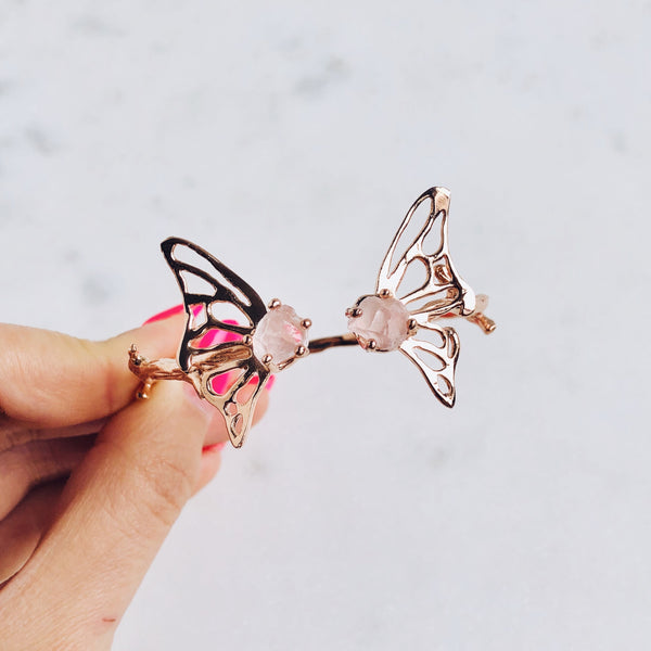 Raw Rose Quartz Butterfly Bangle in Rose Gold - Crystal Of A Kind