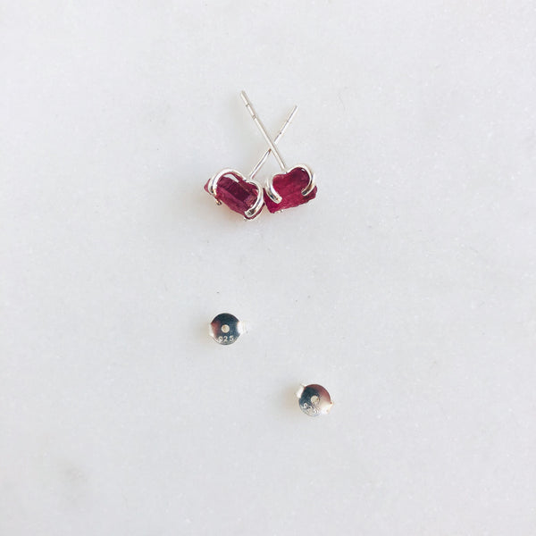 Raw Pink Tourmaline Stud Earrings in 925 Sterling Silver - Crystal Of A Kind
