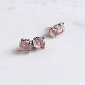 Raw Rose Quartz Stud Earrings in Silver - Crystal Of A Kind