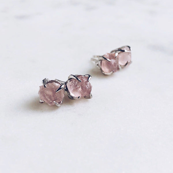 Raw Rose Quartz Stud Earrings in Silver - Crystal Of A Kind