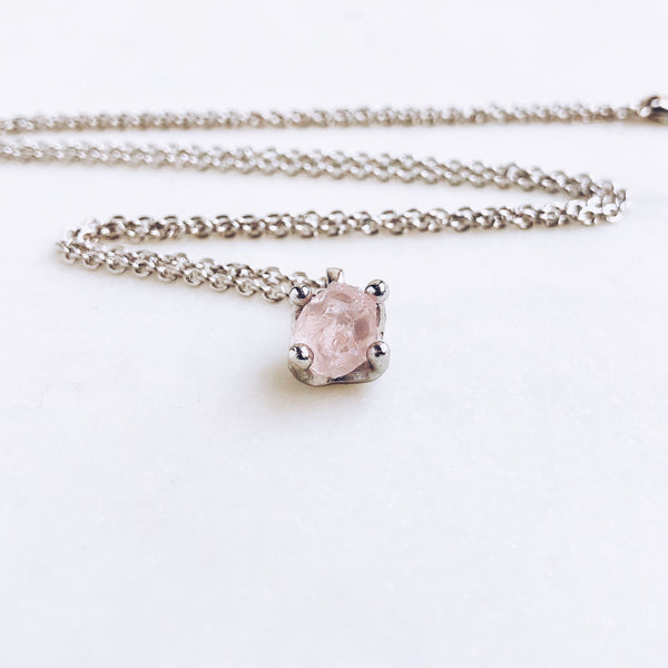 Raw Rose Quartz Necklace in Silver - Crystal Of A Kind