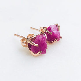 Raw Ruby Stud Earrings in Rose Gold - Crystal Of A Kind