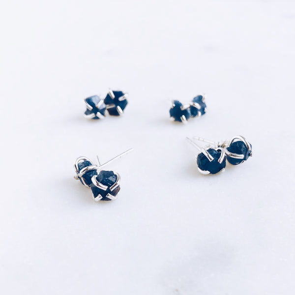 Raw Sapphire Stud Earrings in 925 Sterling Silver - Crystal Of A Kind