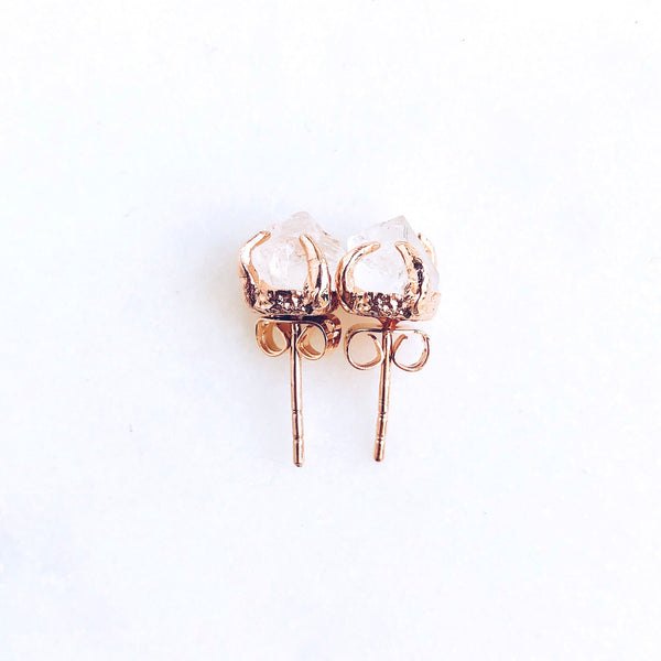 Raw White Topaz Stud Earrings in Rose Gold - Crystal Of A Kind