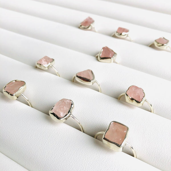 Fine Raw Rose Quartz Gemstone Ring in 925 Sterling Silver