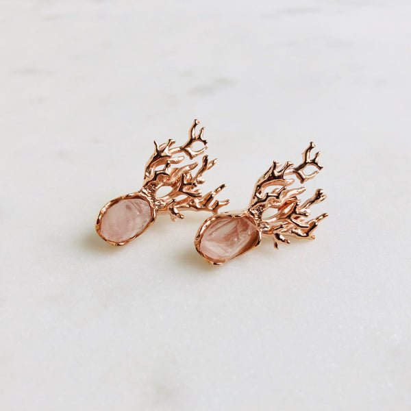Raw Rose Quartz Coral Earrings in Rose Gold - Crystal Of A Kind