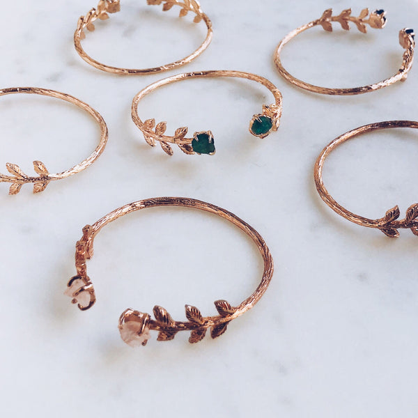 Raw Aquamarine Leaves Bangle in Rose Gold - Crystal Of A Kind