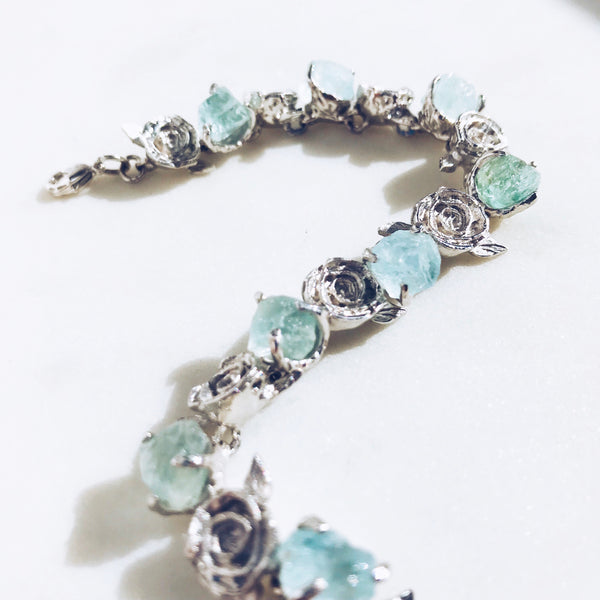 Raw Aquamarine Floral Bangle in Silver - Crystal Of A Kind