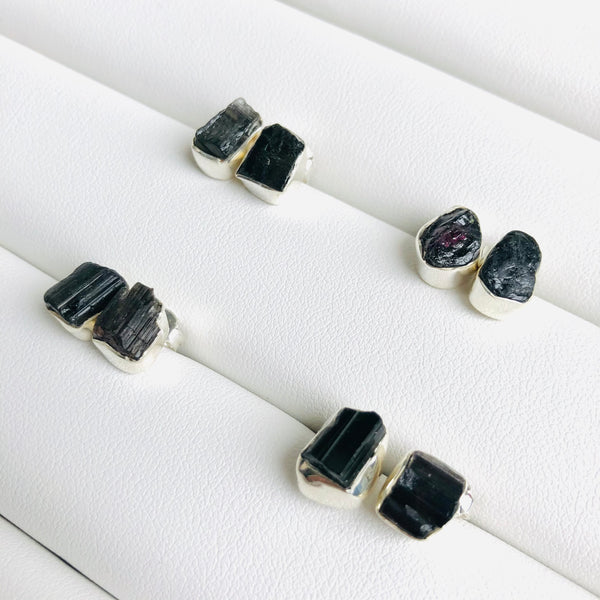 Raw Black Tourmaline Stud Earrings in 925 Sterling Silver