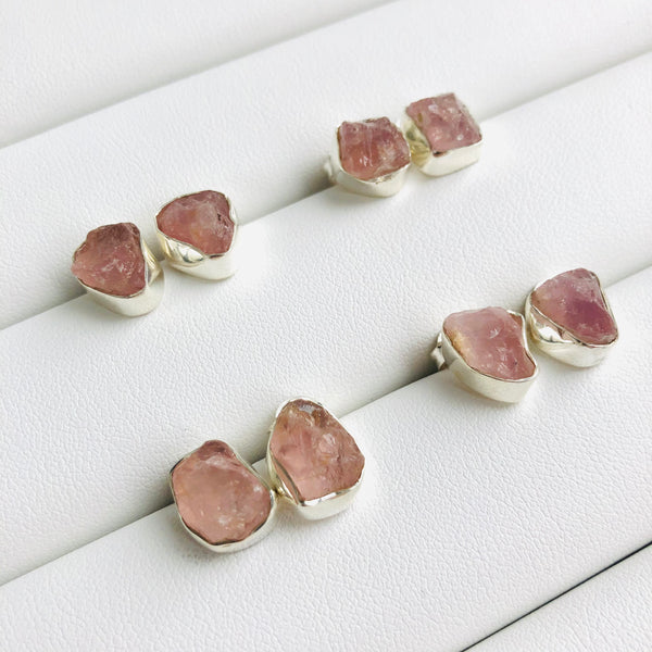 Raw Rose Quartz Stud Earrings in 925 Sterling Silver - Crystal Of A Kind
