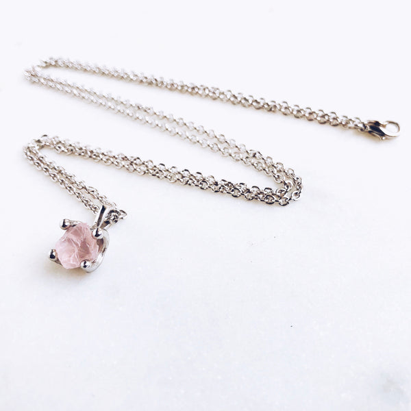 Raw Rose Quartz Necklace in Silver - Crystal Of A Kind