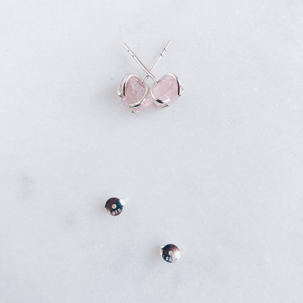 Raw Morganite Stud Earrings in 925 Sterling Silver - Crystal Of A Kind