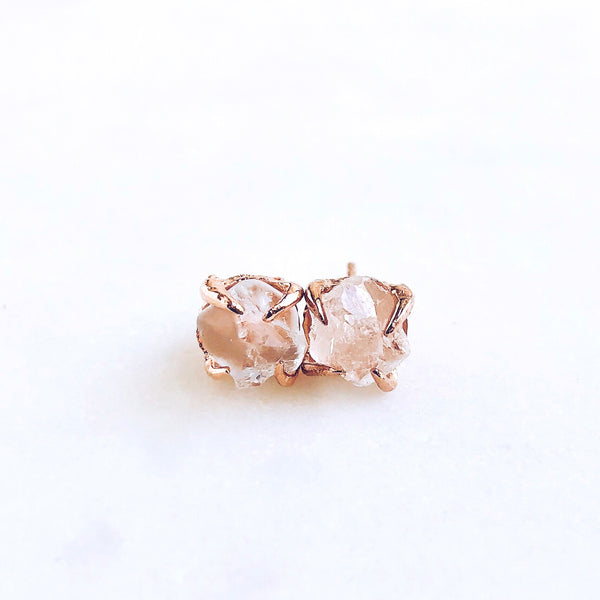 Raw White Topaz Stud Earrings in Rose Gold - Crystal Of A Kind
