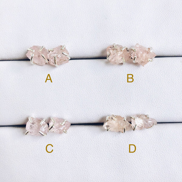 Raw Morganite Stud Earrings in 925 Sterling Silver - Crystal Of A Kind