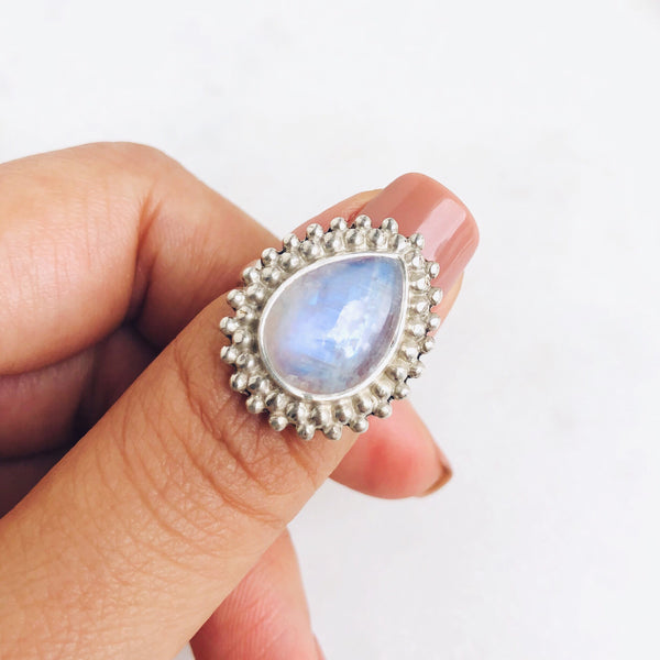 Moonstone Solaris Teardrop Ring in 925 Sterling Silver - Crystal Of A Kind