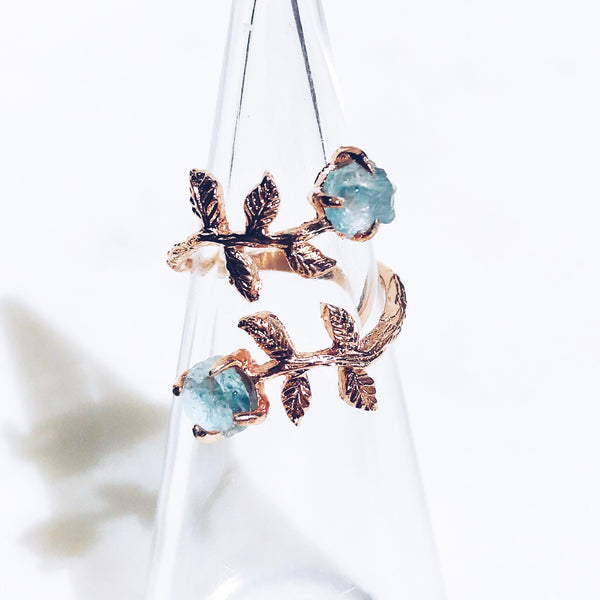 Raw Aquamarine Twisted Leaves Ring in Rose Gold - Crystal Of A Kind