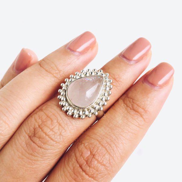 Rose Quartz Solaris Teardrop Ring in 925 Sterling Silver - Crystal Of A Kind