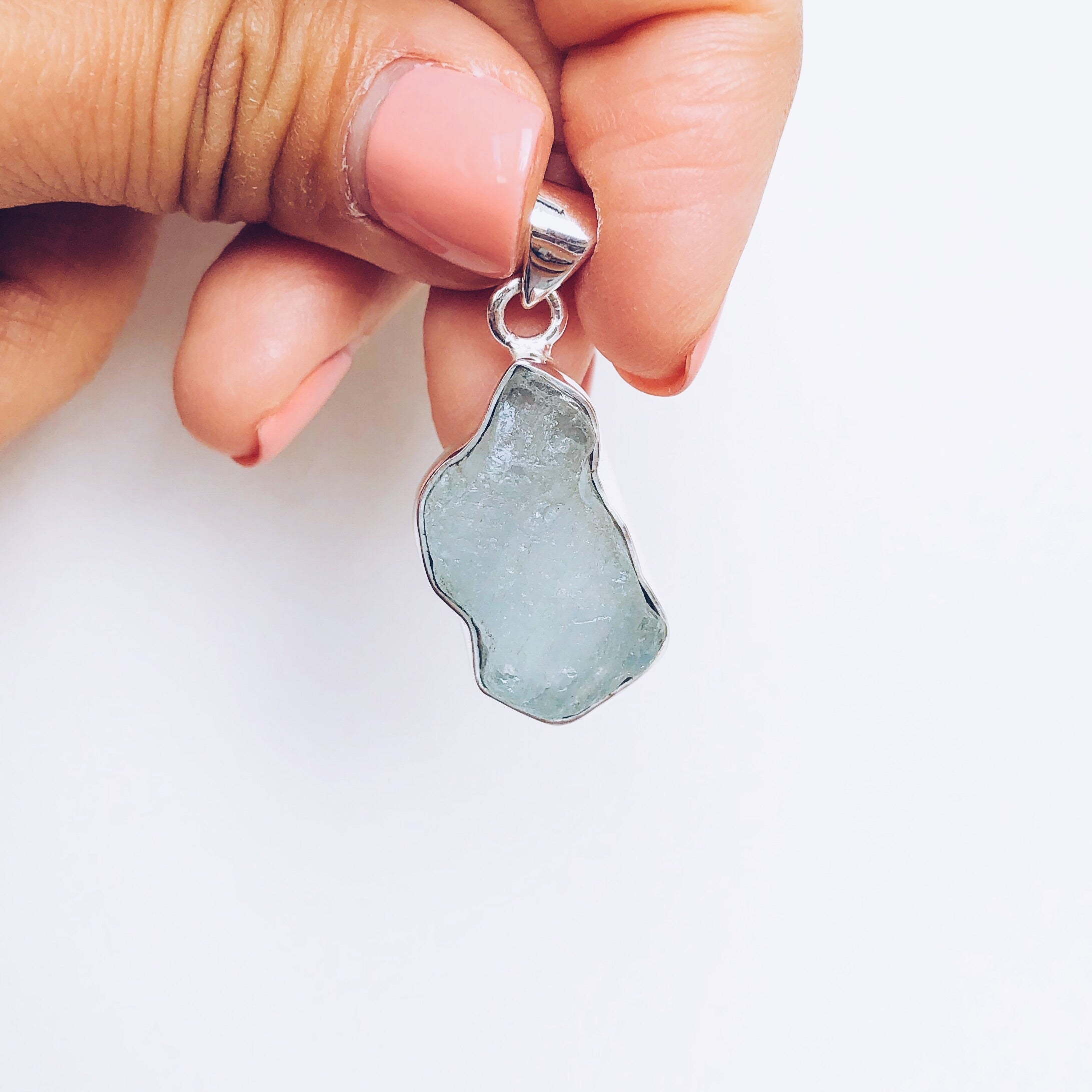 Raw Aquamarine Pendant in 925 Sterling Silver Crystal Of A Kind