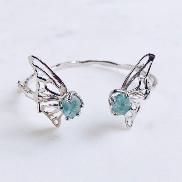 Raw Aquamarine Butterfly Bangle in Silver - Crystal Of A Kind