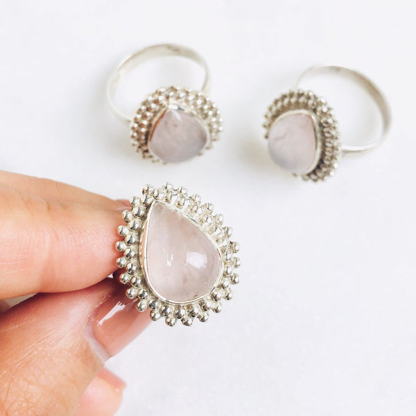 Rose Quartz Solaris Teardrop Ring in 925 Sterling Silver - Crystal Of A Kind