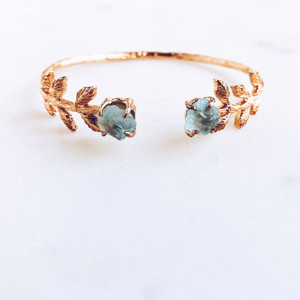 Raw Aquamarine Leaves Bangle in Rose Gold - Crystal Of A Kind
