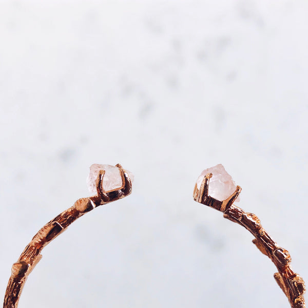 Raw Rose Quartz Leaves Bangle in Rose Gold - Crystal Of A Kind