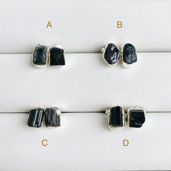 Raw Black Tourmaline Stud Earrings in 925 Sterling Silver