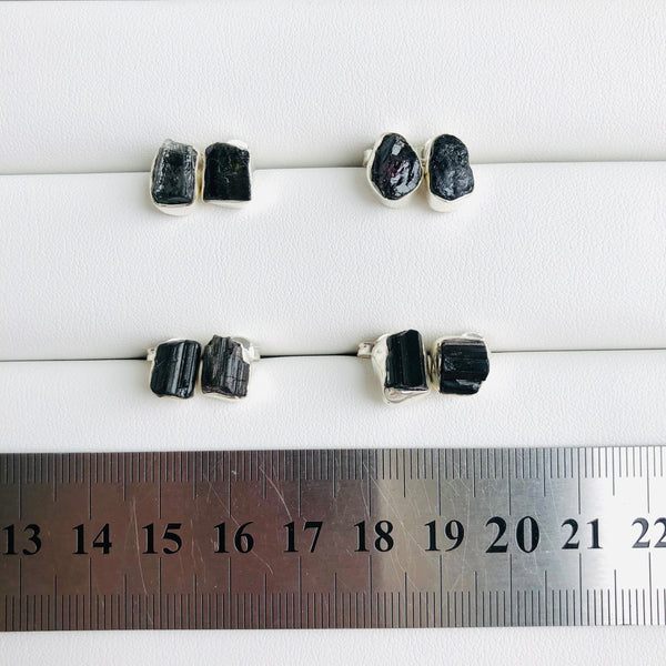 Raw Black Tourmaline Stud Earrings in 925 Sterling Silver