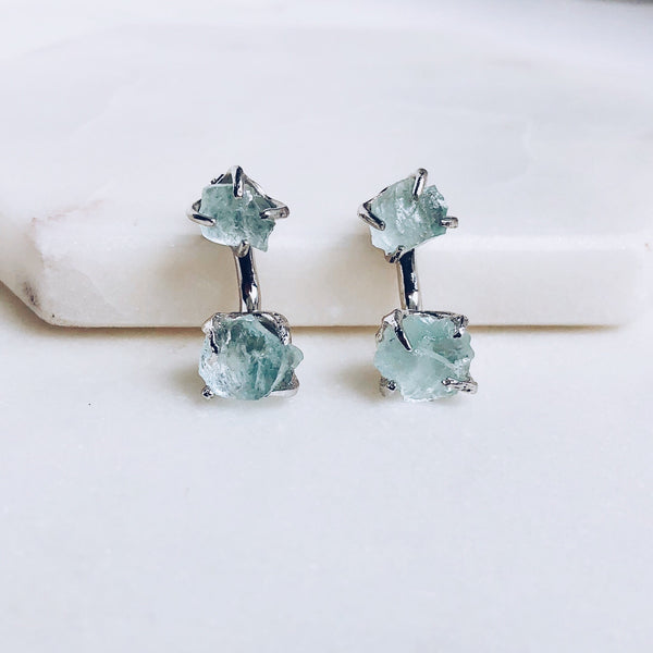 Raw Aquamarine Dual Stud Earrings in Silver - Crystal Of A Kind