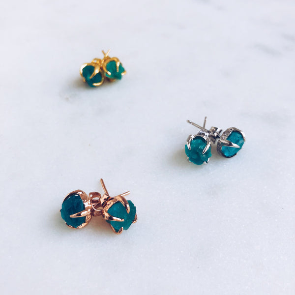 Raw Apatite Stud Earrings in Rose Gold - Crystal Of A Kind