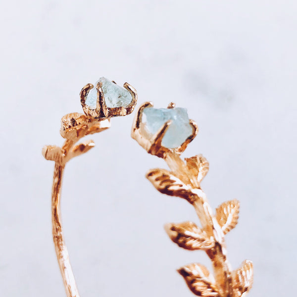 Raw Aquamarine Leaves Bangle in Rose Gold - Crystal Of A Kind